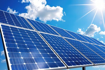 Solar Panels Gleaming Under Radiant Sunlight Against Azure Sky Promoting Clean Energy Innovation