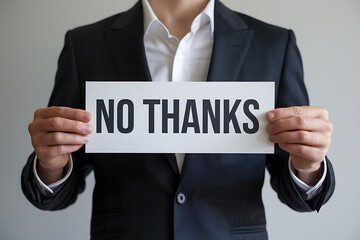 Businessman Declines Offer, Holding No Thanks Sign, Refusal, Rejection