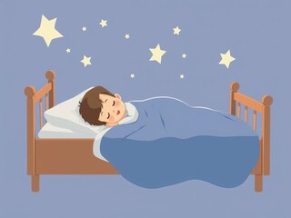 Baby boy sleeping peacefully in bed under a cozy blanket isolated illustration in flat cartoon style, bed, isolated, dream