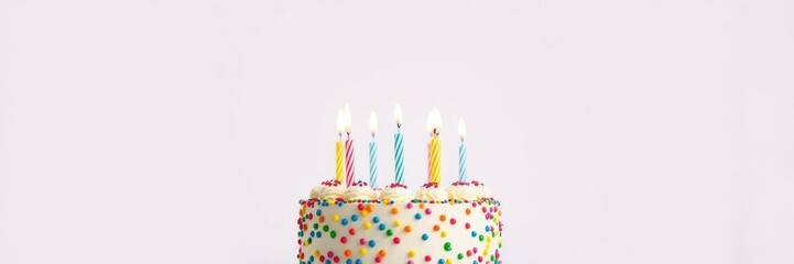 A colorful birthday cake with candles lit on a plain background, birthday cake, edible flowers