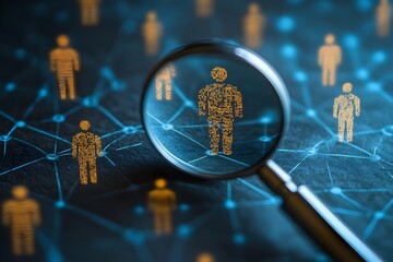 Illustration emphasizing individuality and selection in a group through a magnifying lens highlighting one figure.