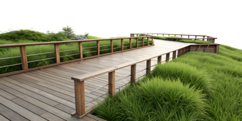 wooden terrace with green grass isolated on a white background, png