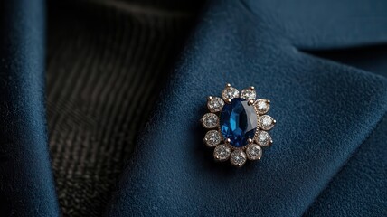 Detailed shot of a beautifully crafted sapphire brooch, ideal for a gala or formal event, pinned to a stylish evening jacket