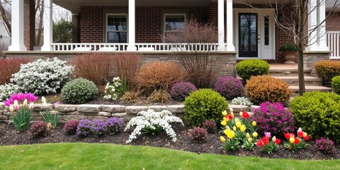 Obraz premium Beautiful urban front yard spring garden with veranda, brick paver walkway, retaining wall, bulbs, shrubs, perennials, color, texture, winter interest, winter interest, texture, retaining wall
