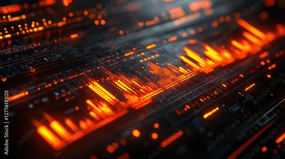 Poster abstract digital visualization of sound waves and data patterns in vibrant orange tones