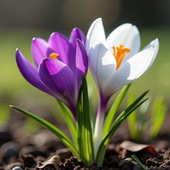 Fototapeta premium Close-up of Two Vibrant Purple and White Crocus Flowers Blooming in Spring Garden