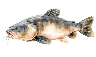 Realistic watercolor illustration of a catfish swimming gracefully in a serene aquatic environment