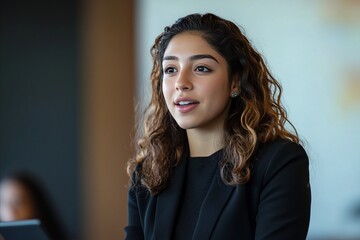 Portrait of a young Hispanic professional business woman delivering a presentation in a stylish boardroom – Charismatic and persuasive corporate leader