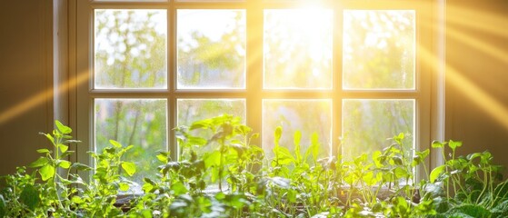 A sunlit window with greenery below, radiating warmth and life, creating a serene indoor atmosphere.