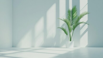 Minimalist white room featuring a single green plant for stock photos.