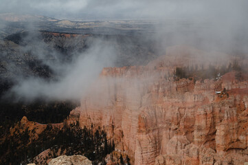 Red rocks of Bryce Canyon in winter. 