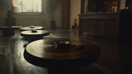 Obraz premium Serene minimalist interior with low circular wooden tables, a lit candle, and a blurred background featuring a rustic wooden cabinet and large window. Evokes calmness and tranquility.