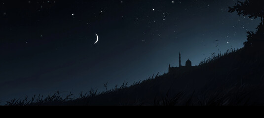 Naklejka premium Moonlit Mosque Silhouette in a Starry Night