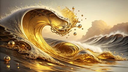 Luxurious Golden Liquid Waves with Smooth Reflections and Rich Metallic Tones captivating abstract design featuring fluid golden waves, flowing gracefully with smooth, mirror-like reflections