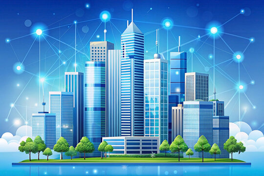 Smart city network, futuristic cityscape, digital connection, illustration, technology
