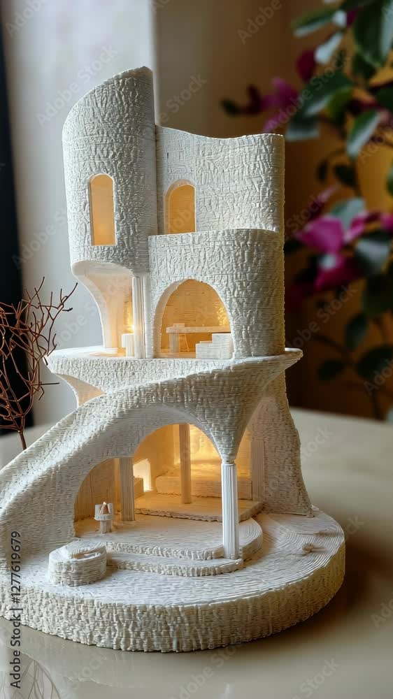 Poster intricate miniature architecture display in soft lighting with decorative elements and a natural amb