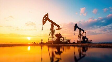 Oil Pumping Equipment Silhouette Against Vibrant Sunset Sky with Reflective Water Surface