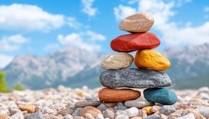 A vibrant stack of colorful stones against a serene sky, set in a picturesque mountain landscape. This image captures the essence of balance and harmony in nature.