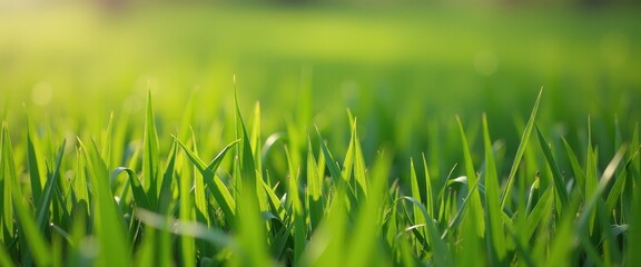 Obraz premium Vibrant Green Grass Field with Sunlight and Bokeh Background