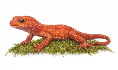 Naklejka premium Vibrant orange salamander resting on green moss in a serene natural environment
