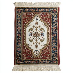 Obraz premium Red and Ivory Oriental Rug with Intricate Floral Pattern and Fringe