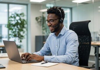Obraz premium A young African American man working happily in his office
