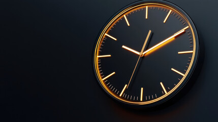 Modern wall clock with glowing hands on dark background, showcasing sleek design and minimalistic style. Perfect for contemporary interiors
