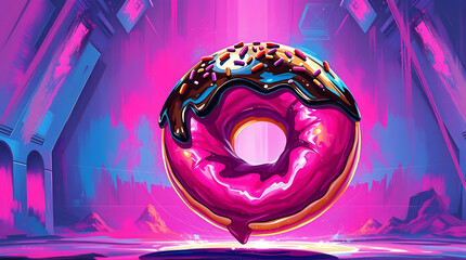Obraz premium A Delicious and Healthy Donut Covered in Rich Chocolate and Colorful Sprinkles Floating Effortlessly in Mid-Air Against a Vibrant Neon Pink, Blue, and Purple Background, Creating a Futuristic dessert