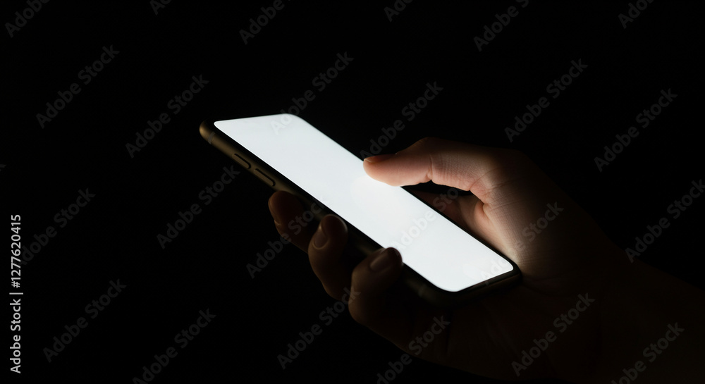 Poster smartphone in hand with bright screen in the dark. mobile phone in hand with illuminated display. sm
