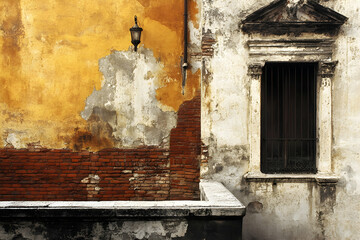 Weathered brick wall with peeling paint, an old lamp, and a barred window, creating a rustic, historical ambiance.