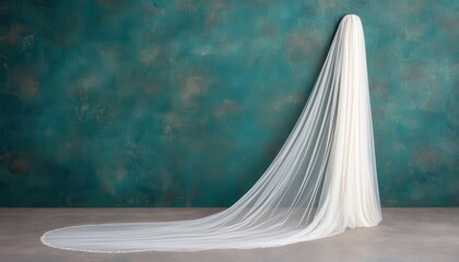 The concept of a personalized wedding. Elegant white fabric drapes gracefully against a textured teal background.