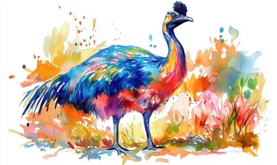 Fototapeta premium Vibrant watercolor painting of a peacock standing amidst a colorful abstract background