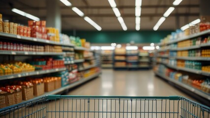 Supermarket aisle product shelves interior blur background with empty shopping cart

