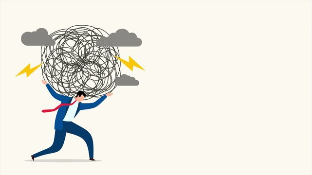 The Weight of Overwhelming Thoughts. An illustration showing a man struggling to carry a large tangled mass, symbolizing the mental burden of stress and confusion. 