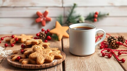 Fototapeta premium Christmas coffee mug with steam next to homemade gingerbread Christmas cookies on a wooden table with sweet treats in the background, wooden table, mug, tea