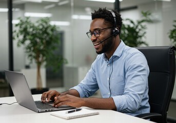Obraz premium A young African American man working happily in his office