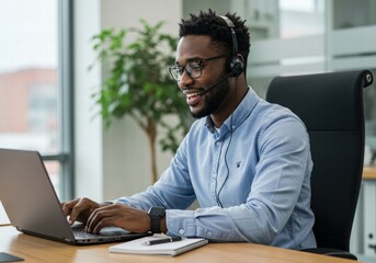 Obraz premium A young African American man working happily in his office