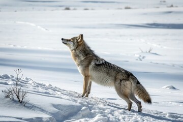 Naklejka premium A lone gray wolf stands upright on its hind legs, its fur blending with the snowy landscape, as it surveys its surroundings, wild animal, lupus, wildlife photography, snow, solitary animal