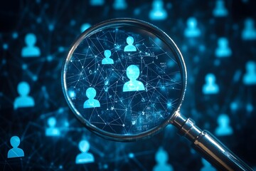 Blue-toned digital illustration of a magnifying glass emphasizing a user icon among others, symbolizing digital search, security, identity verification, and technology in data management.