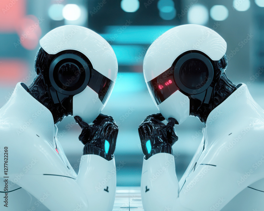 Poster futuristic robots engaged in deep thought and interaction.