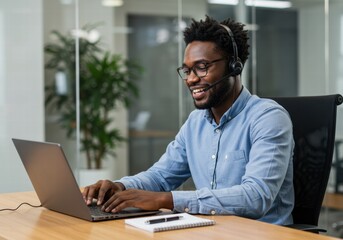 Obraz premium A young African American man working happily in his office