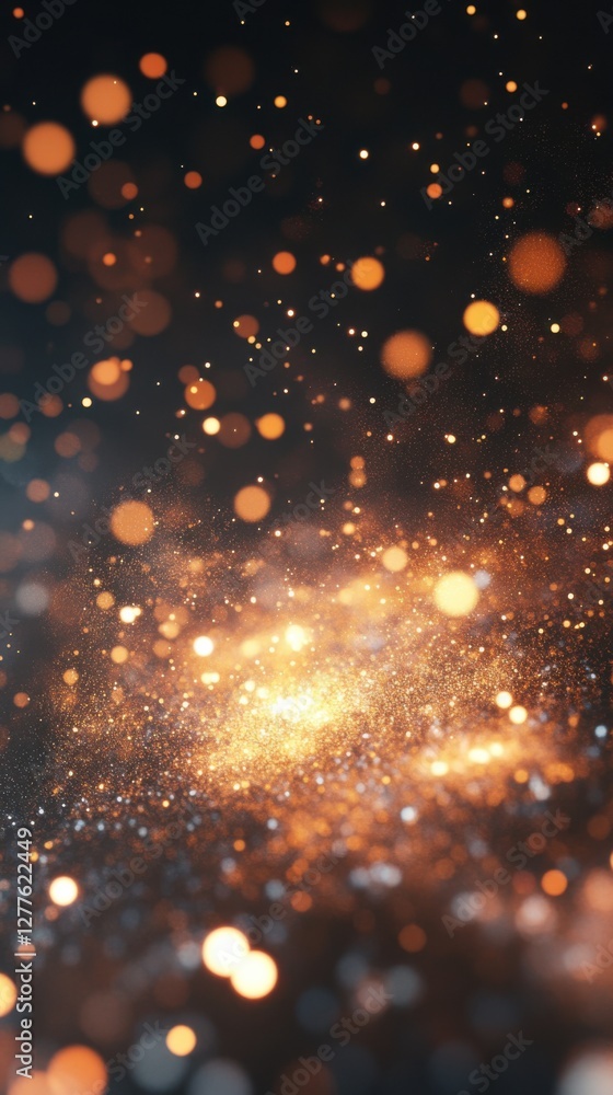 Poster sparkling particles creating a galaxy-like scene, cosmic effect. vertical