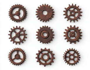 3D rendering of various gears in grid layout on white background, showcasing intricate designs and textures. Perfect for mechanical or industrial themes