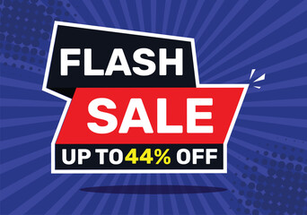 Flash sale up to 44 % off. On blue background with radial rays and blue background.