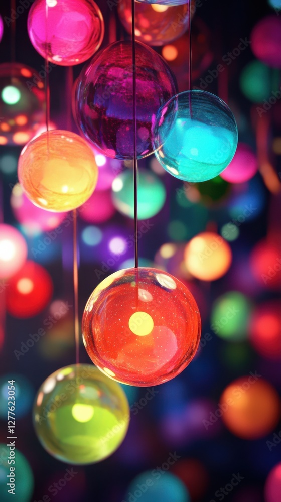 Poster rotating colorful spheres glowing in motion, dynamic movement. vertical