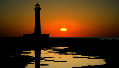 Fototapeta premium Silhouetted lighthouse at sunset, reflecting in calm waters. Dramatic orange sky, peaceful coastal scene.