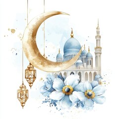 Watercolor Painting of Mosque with Crescent Moon and Flowers