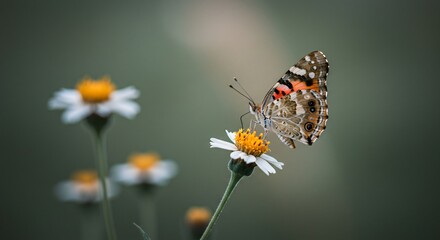 A vibrant butterfly with orange, black, and white patterns rests delicately on a white flower with a yellow center, surrounded by blurred blooms and a soft green background.