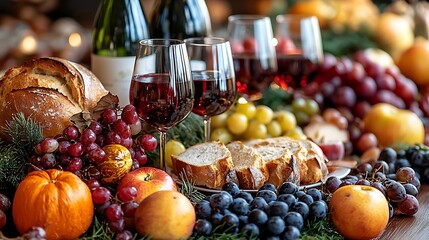 Festive wine and fruit gathering warm setting food display cozy atmosphere close-up culinary celebration