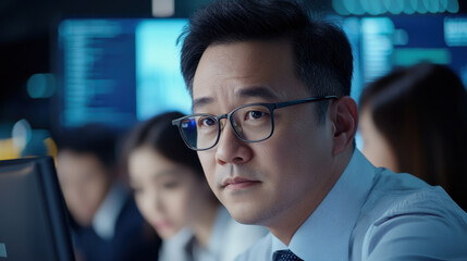 Focused man in glasses working in modern office with colleagues. atmosphere is intense, showcasing teamwork and concentration in tech driven environment